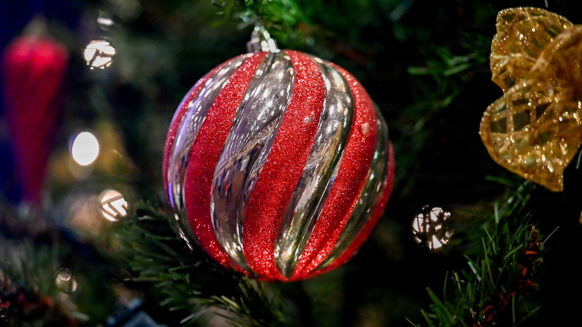 A Christmas ornament hangs on a branch during a tree lighting ceremony.