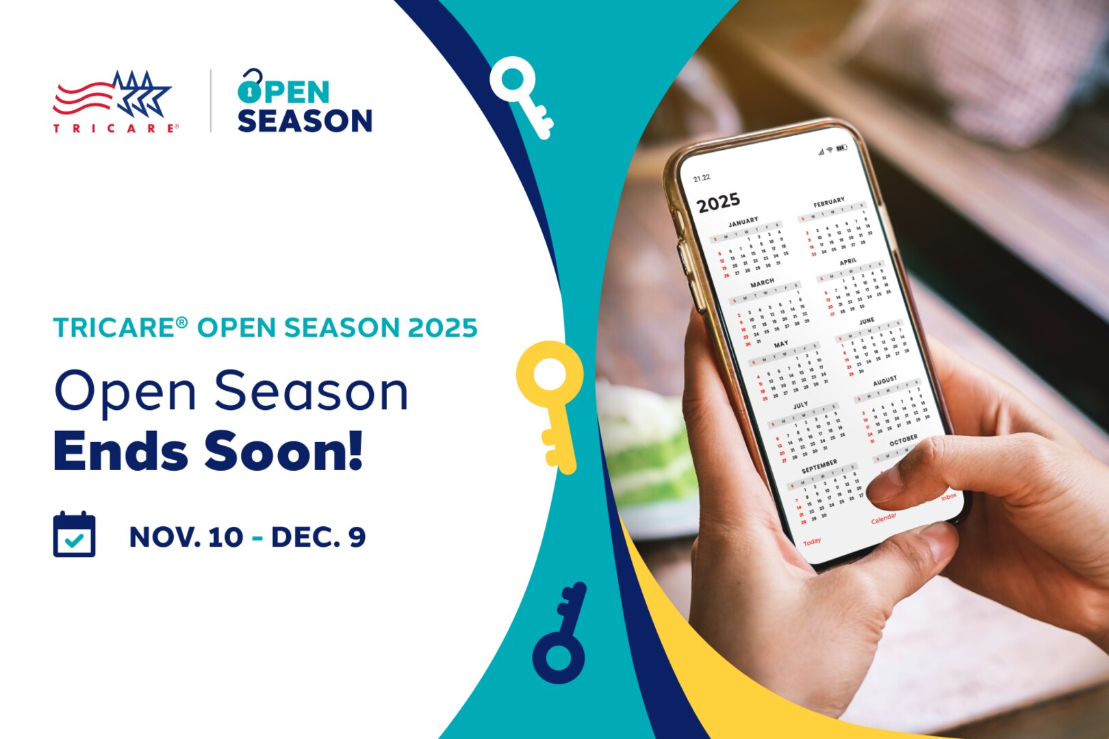 TRICARE Open Season 2025 Ends Soon! Nov. 10-Dec. 9; Calendar on a phone screen