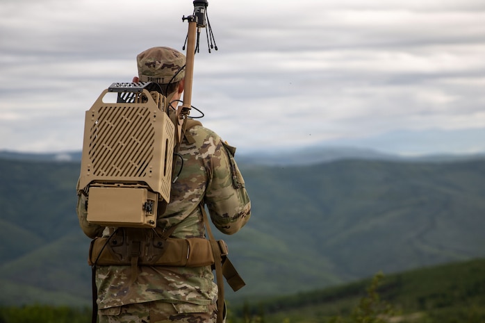 A Soldier with the 11th Airborne Division employs a unmanned aerial system (UAS) platform while observing airspace activity in the Yukon Training Area near Fort Wainwright, Alaska.