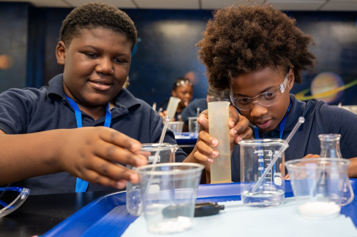 Students conduct a chemistry experiment during a STARBASE Maxwell lesson at Maxwell Air Force Base, Alabama, Oct. 8, 2025.