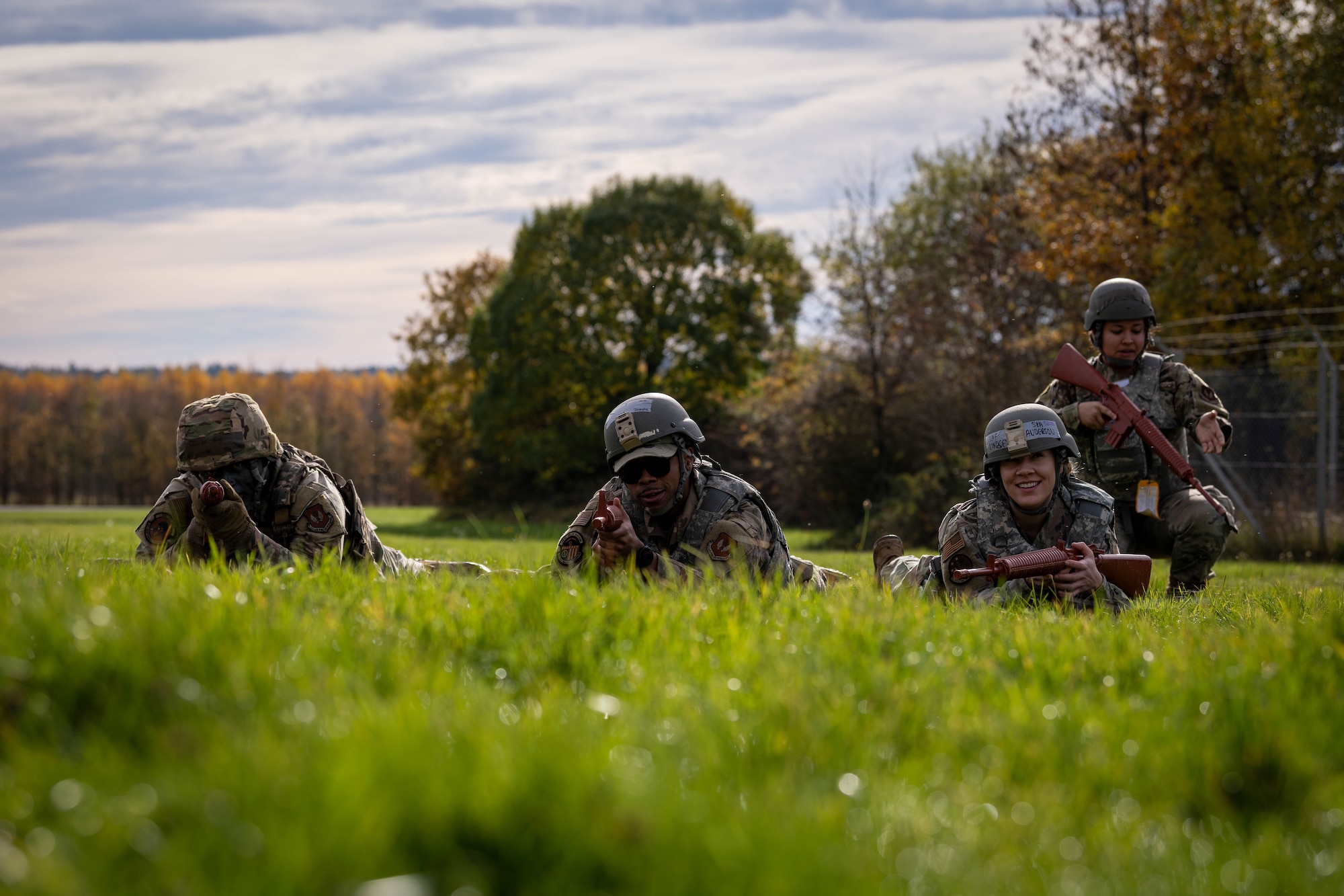 U.S. Air Force Airmen assigned to the 52nd Fighter Wing learn tactical movement drills during the first Airman Leadership School field training exercise at Spangdahlem Air Base, Germany, Nov. 6, 2025. The exercise encouraged students to foster confidence and leadership development in a dynamic, team focused environment. (U.S. Air Force photo by Airman 1st Class Sydney Franklin)