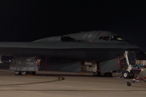 A U.S. Air Force B-2 Spirit, “Spirit of Georgia,” aircraft parks by a hangar at Whiteman Air Force Base, Missouri, Nov. 6th, 2025. The “Spirit of Georgia,” was damaged in an aircraft incident in September of 2021 and has recently returned to the fleet. (U.S. Air Force photo by Senior Airman Robert E. Hicks)