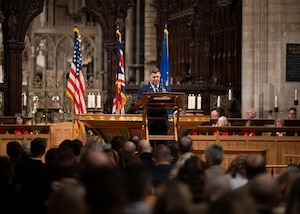 Col. Steven Byrum, 100th Air Refueling Wing commander, speaks to the gathered assembly at Ely Cathedral, Nov. 26, 2025. Ely Cathedral has partnered with the tribase area for the past 39 years to host a traditional service for U.S. service members during the Thanksgiving holiday. (U.S. Air Force photo by Staff Sgt. Nash Truitt)