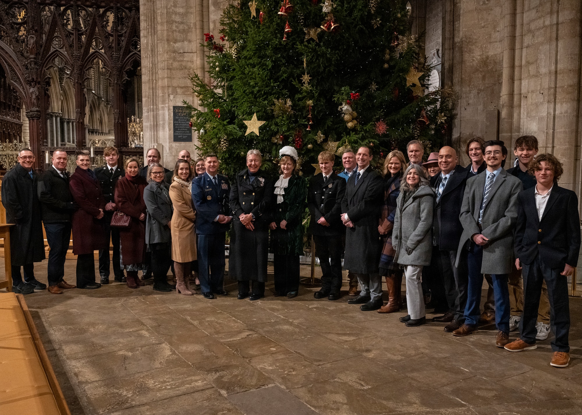 U.S service members, British, and American nationals pose for a photo at Ely Cathedral, Nov. 26, 2025. British and American nationals attended a Thanksgiving service held for U.S. service members stationed in the U.K. (U.S. Air Force photo by Staff Sgt. Nash Truitt)