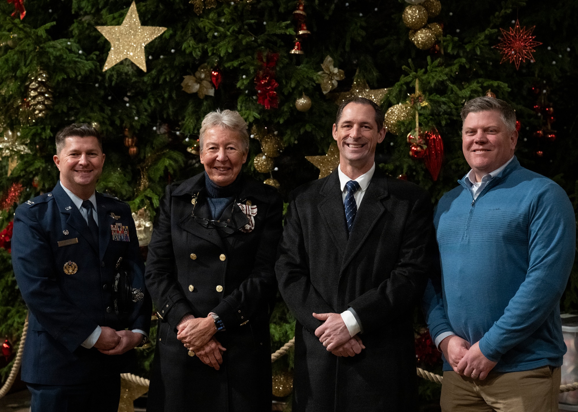From left, Col. Steven Byrum, 100th Air Refueling Wing commander, His Majesty’s Lord Lieutenant of Cambridgeshire, Julie Spence OBE CStJ QPM, Brig. Gen. Jack Arthaud, 48th Fighter Wing commander, and Col. Adam Moore, 352nd Special Operations Wing commander, pose for a photo at Ely Cathedral, Nov. 26, 2025. British and American nationals attended a Thanksgiving service held for U.S. service members stationed in the U.K. (U.S. Air Force photo by Staff Sgt. Nash Truitt)