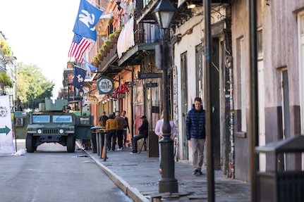 Louisiana National Guard Soldiers stage Humvees for traffic and security control operations during an assignment in the New Orleans’ French Quarter on Nov. 29, 2025.