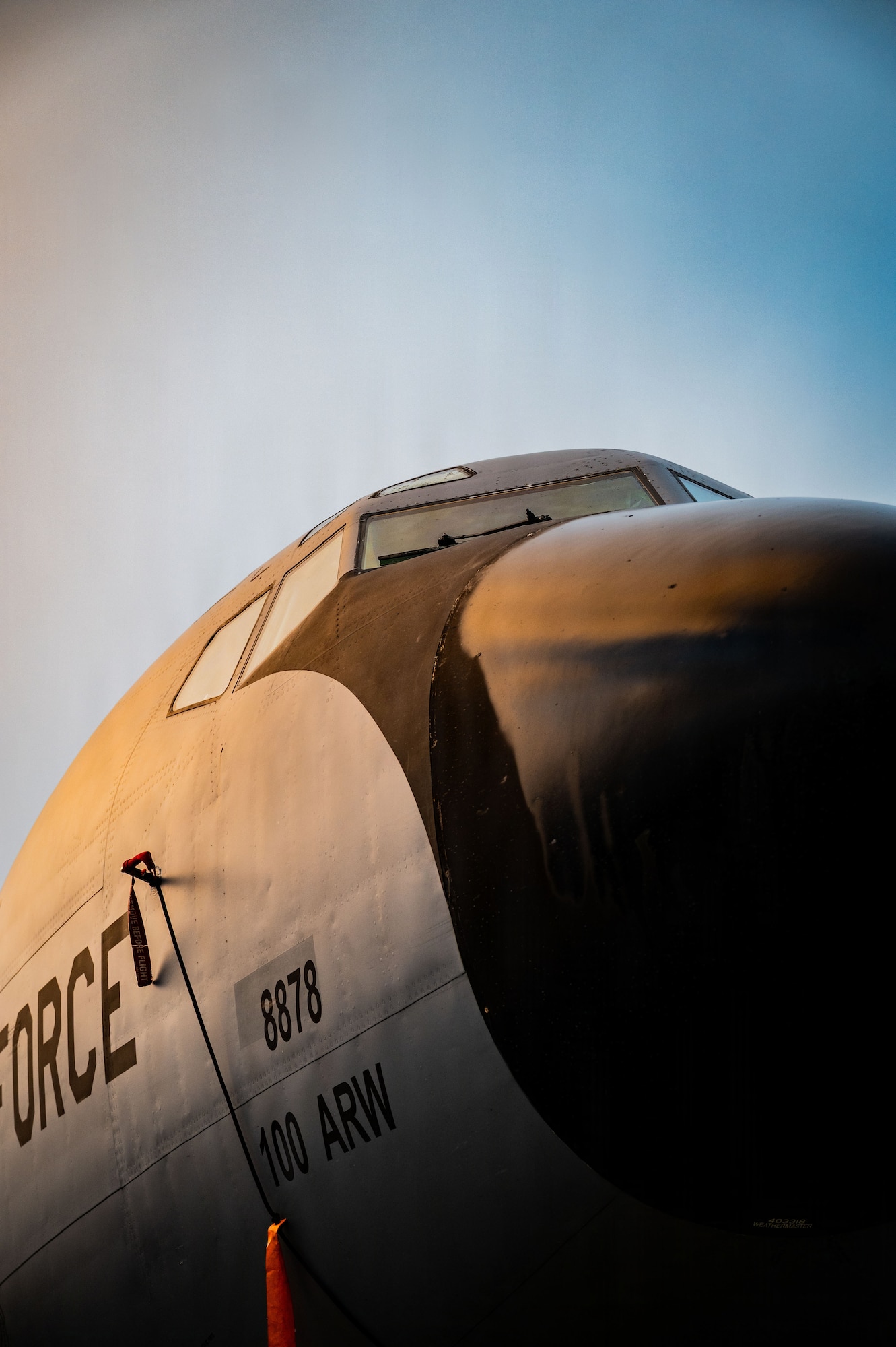A KC-135 Stratotanker assigned to the 100th Air Refueling Wing sits on the runway prior to an air refueling mission at RAF Mildenhall, England, Oct. 15, 2025.