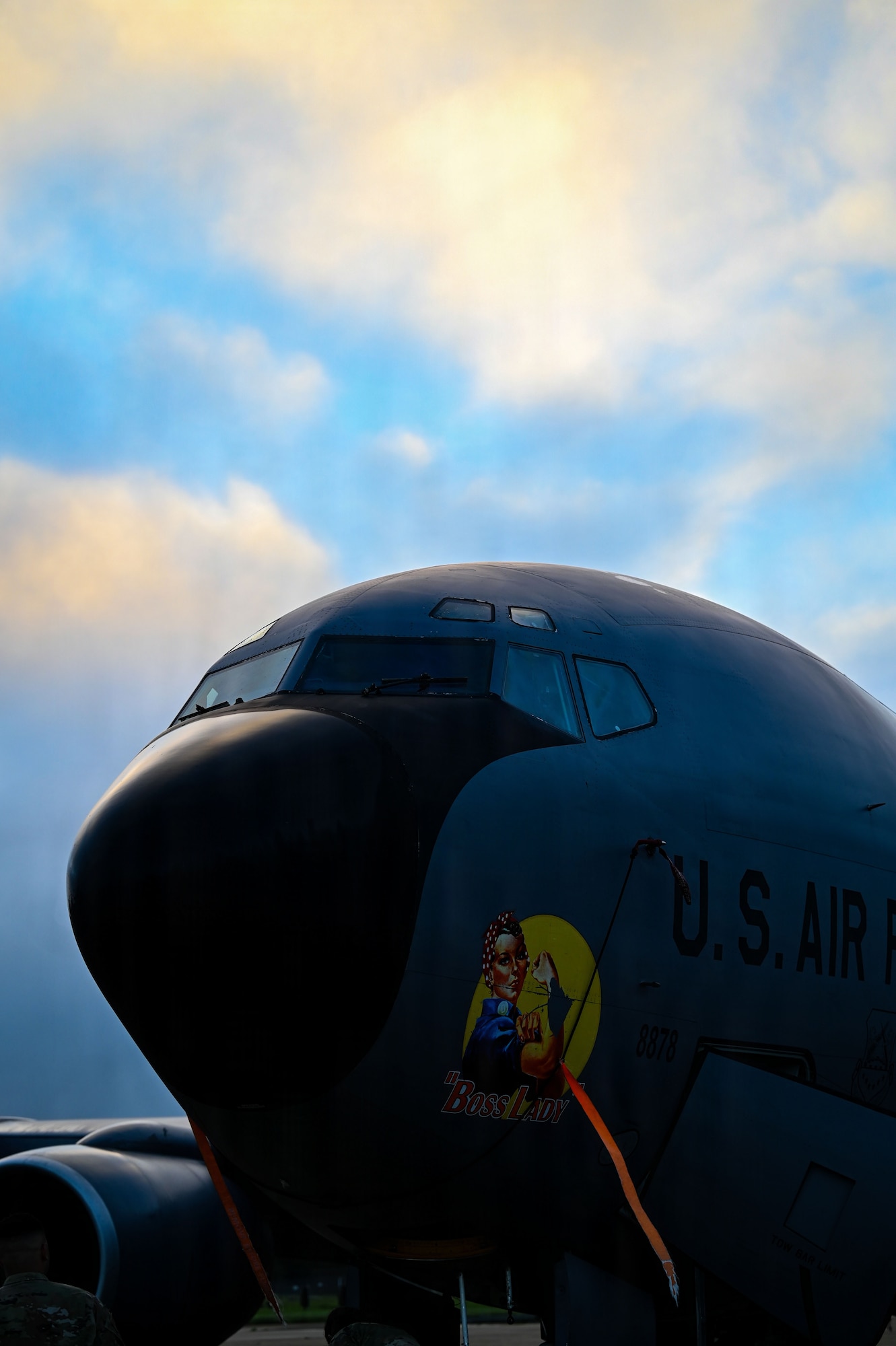 A KC-135 Stratotanker assigned to the 100th Air Refueling Wing sits on the runway prior to an air refueling mission at RAF Mildenhall, England, Oct. 15, 2025.