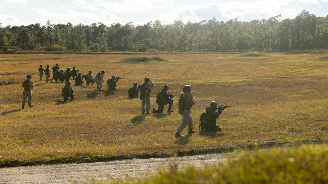 U.S. Marines with 2nd Battalion, 8th Marines, 2nd Marine Division stage during a live fire exercise as part of a Marine Corps Combat Readiness Evaluation on Marine Corps Base Camp Lejeune, North Carolina, Nov. 3, 2025.