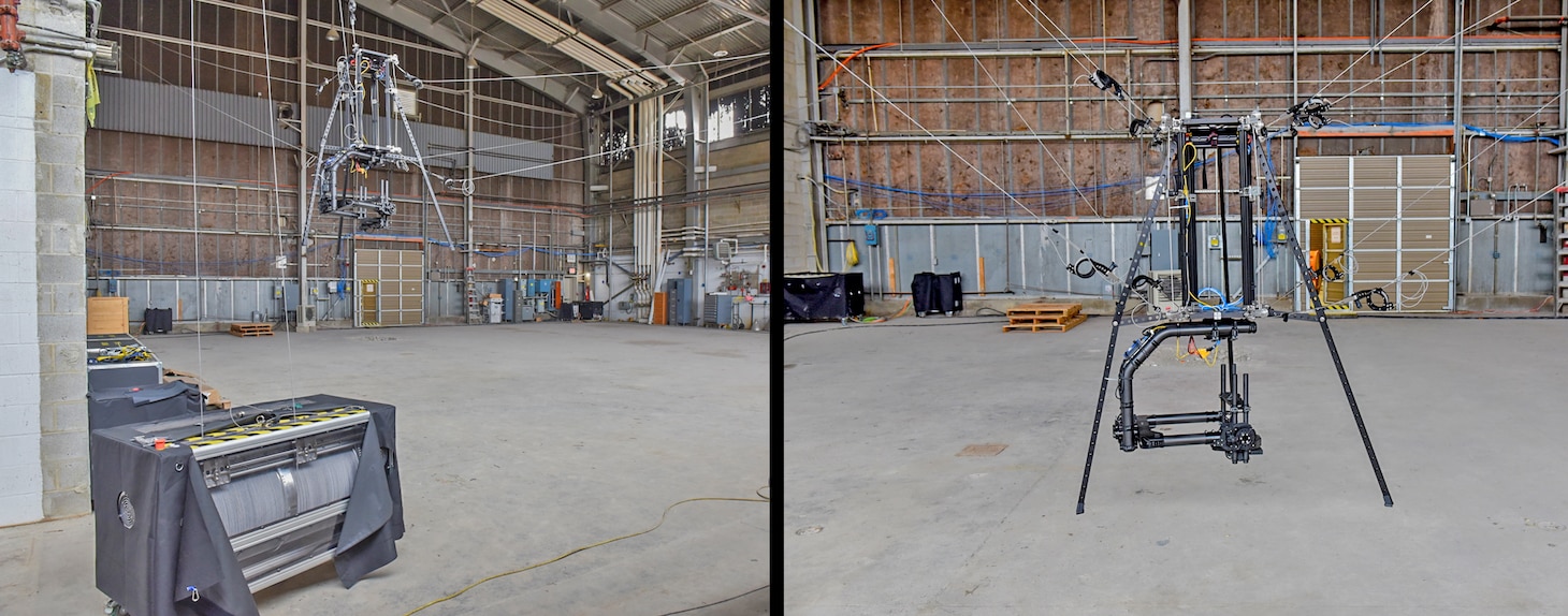 LEFT: The Motion Platform Aerial Sensor Suite, a platform for testing UAV control systems, is set up in a building at Naval Air Warfare Center Aircraft Division (NAWCAD) Lakehurst, New Jersey. The system is expected to be installed at Lakehurst’s Ship Motion Platform next year.

RIGHT: Team members at NAWCAD Lakehurst worked with the original equipment manufacturer and other stakeholders to quickly install the Motion Platform Aerial Sensor Suite on the Warfare Center campus. The temporary setup allows for customers to use and refine the technology before it moves to Lakehurst’s Ship Motion Platform.
