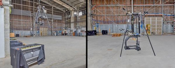 LEFT: The Motion Platform Aerial Sensor Suite, a platform for testing UAV control systems, is set up in a building at Naval Air Warfare Center Aircraft Division (NAWCAD) Lakehurst, New Jersey. The system is expected to be installed at Lakehurst’s Ship Motion Platform next year.

RIGHT: Team members at NAWCAD Lakehurst worked with the original equipment manufacturer and other stakeholders to quickly install the Motion Platform Aerial Sensor Suite on the Warfare Center campus. The temporary setup allows for customers to use and refine the technology before it moves to Lakehurst’s Ship Motion Platform.