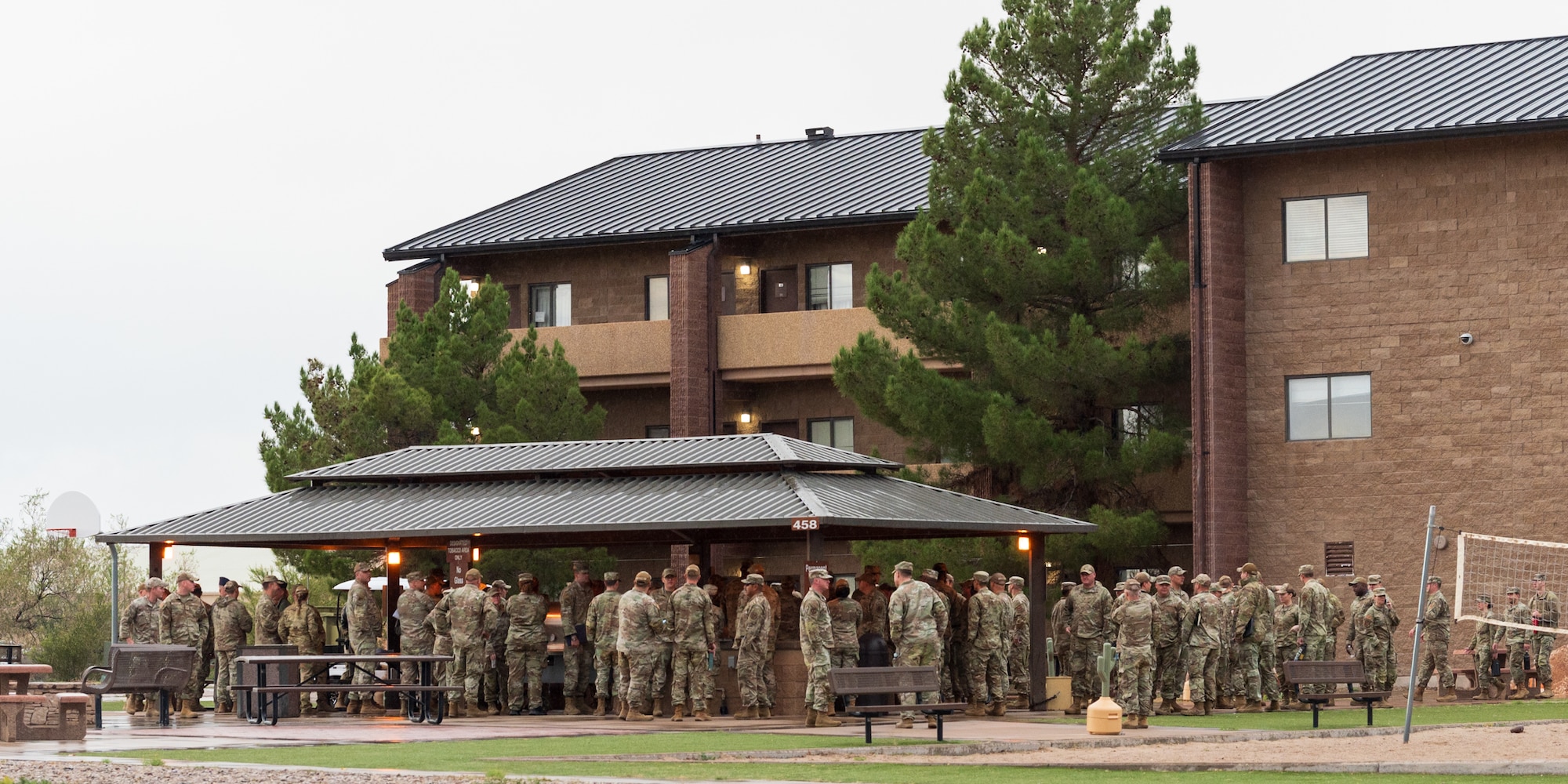 Holloman command teams gather ahead of a 100% dorm inspection at Holloman Air Force Base, New Mexico, Oct. 23, 2025.