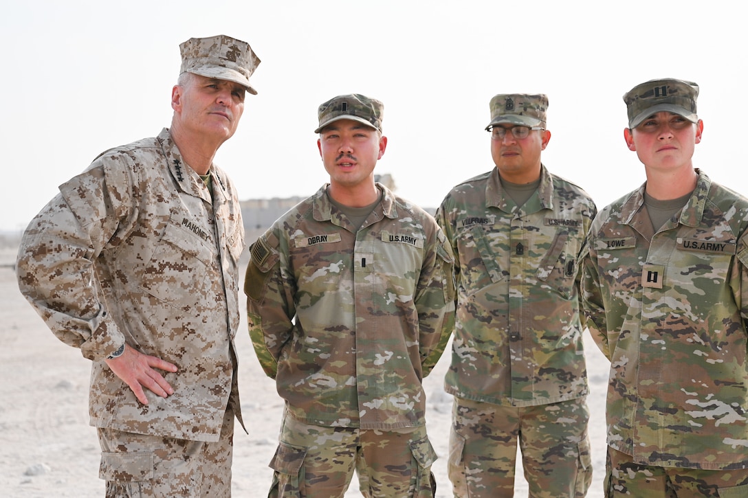 U.S. Marine Corps Gen. Christopher Mahoney, Vice Chairman of the Joint Chiefs of Staff, speaks with 11th Air Defense Artillery Brigade Soldiers during a USO Holiday Tour within the U.S. Central Command area of responsibility, Dec. 2, 2025. Mahoney thanked the troops for their readiness, resilience and commitment to the mission, emphasizing that every forward-deployed service member strengthens America’s deterrence and global security network, supported by the USO’s steadfast presence worldwide. (U.S. Air Force photo by Tech. Sgt. Chris Thornbury)