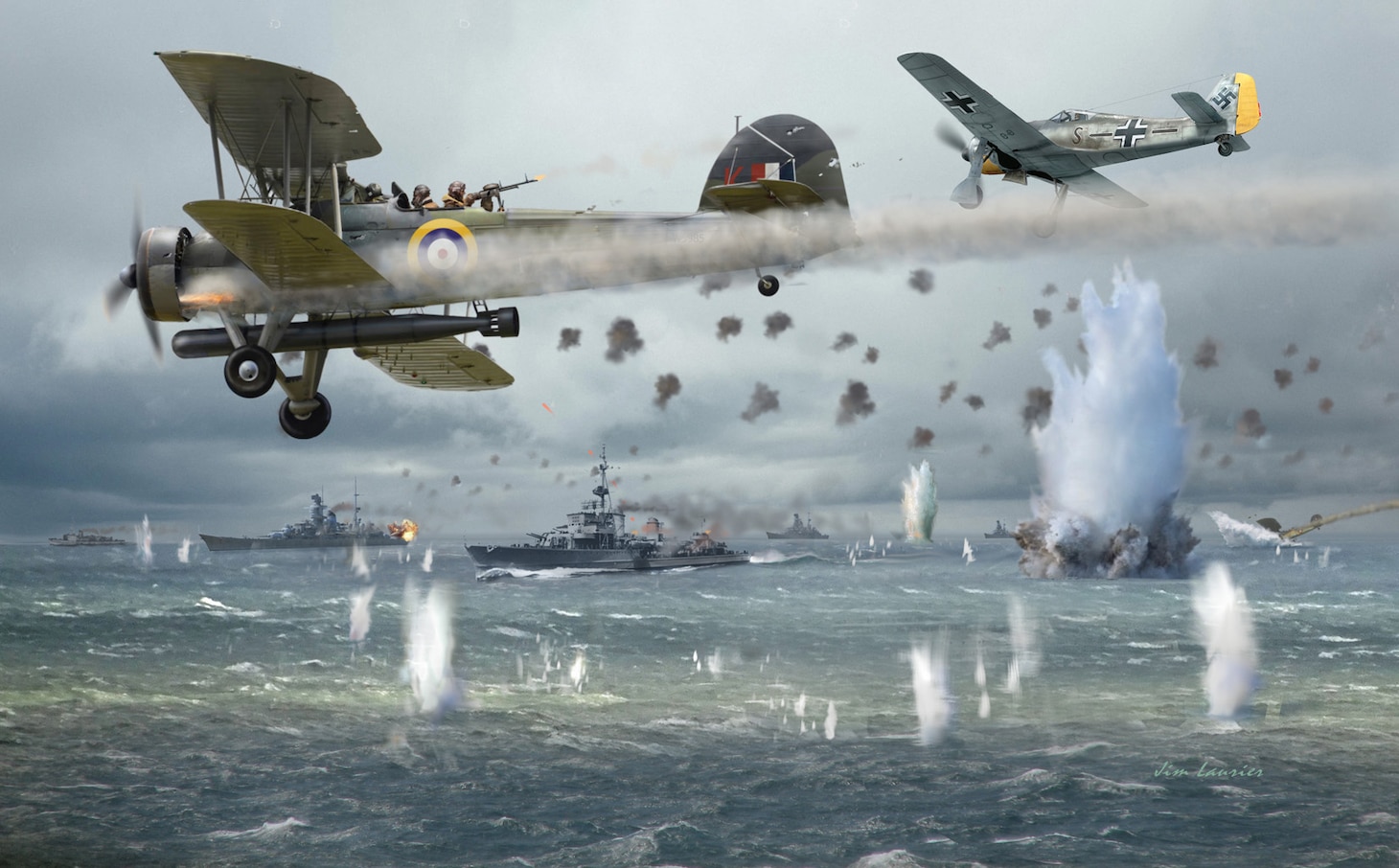 Osprey artist Jim Laurier produced this dramatic illustration of Lt. Cmdr. Eugene Esmonde and his crew’s attack on German ships during the ill-fated Channel Dash of Feb. 12, 1942. Telegrapher-Gunner W.J. Clinton fires his machine gun at a Focke-Wulf 190A-2, flown by Luftwaffe Maj. Gerhard Schopfel, who had dropped his fast fighter’s landing gear to slow down and match the British biplane’s much slower speed to gain a better firing position. Esmonde tried to also gain a better attack lineup on one of the big German ships trying to escape down the English Channel. It was a desperate and ultimately unsuccessful courageous attempt by the brave aviator flying against a barrage of fire from the escorting destroyers covering the larger battleships. Esmonde received a posthumous Victoria Cross, Britain’s highest military award, equal to the U.S. Medal of Honor.