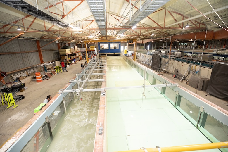 Two wave flumes at the U.S. Army Engineer Research and Development Center’s Coastal and Hydraulics Laboratory are outfitted with sensors during the U.S. Coastal Research Program’s Sediment Transport Collaborative Laboratory Experiment, or SEDCOLAB, hosted by the laboratory in Vicksburg, Miss., June 10, 2025.