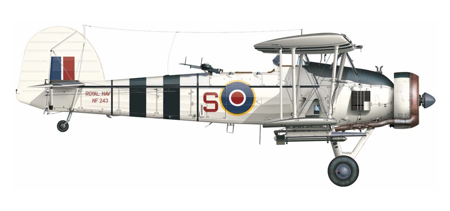 Profile: This Mk II Swordfish was with 816 Naval Air Squadron and is painted with the black and white recognition stripes associated with aircraft flying in D-Day operations, June 6, 1944. It flew anti-shipping strikes while supporting the D-Day landings on the beaches in Normandy, France.