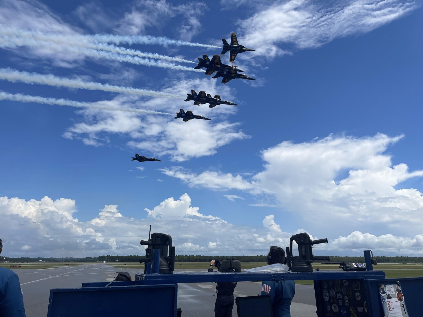 The U.S. Navy Blue Angels fly over a new ground communication system developed by NAWCAD WOLF at a test and demonstration event in Pensacola, Florida, July 24.
