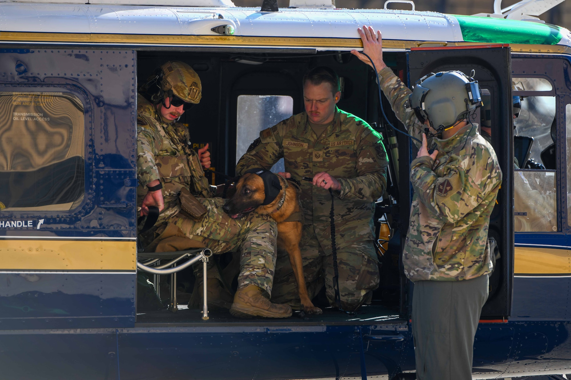 Operators strap a dog into a helicopter