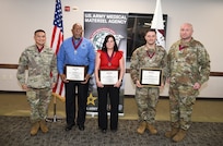 Leaders at the U.S. Army Medical Materiel Agency inducted three new members into the Order of Military Medical Merit, or O2M3, during an awards ceremony Nov. 20 at Fort Detrick, Md. Flanked by USAMMA Commander Col. Joselito “Joe” Lim and Sgt. Maj. Todd Brenecki are, from left, Claudie Shelton, Cheryl Alligood and Chief Warrant Officer 3 Richard Hendricks.