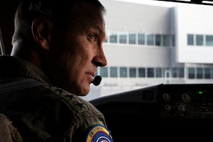 U.S. Air Force Gen. Johnny Lamontagne, Air Mobility Command commander, prepares for take off in the 100th KC-46A Pegasus aircraft delivered to the U.S. Air Force, Dec. 2, 2025, at Paine Field, Washington. Lt. Gen. John Healy, chief of the Air Force Reserve and the commander of Air Force Reserve Command, flew the 99th KC-46A in formation alongside Lamontagne. The KC-46A Pegasus is an aerial refueling aircraft capable of performing single and multi-point simultaneous aerial refueling. Designed for versatility and survivability, the aircraft can also support passenger and cargo movement, aeromedical evacuation, and features defensive, self-protection, and communication systems suited for contested environments. (U.S. Air Force photo by Staff Sgt. Dalton Williams)