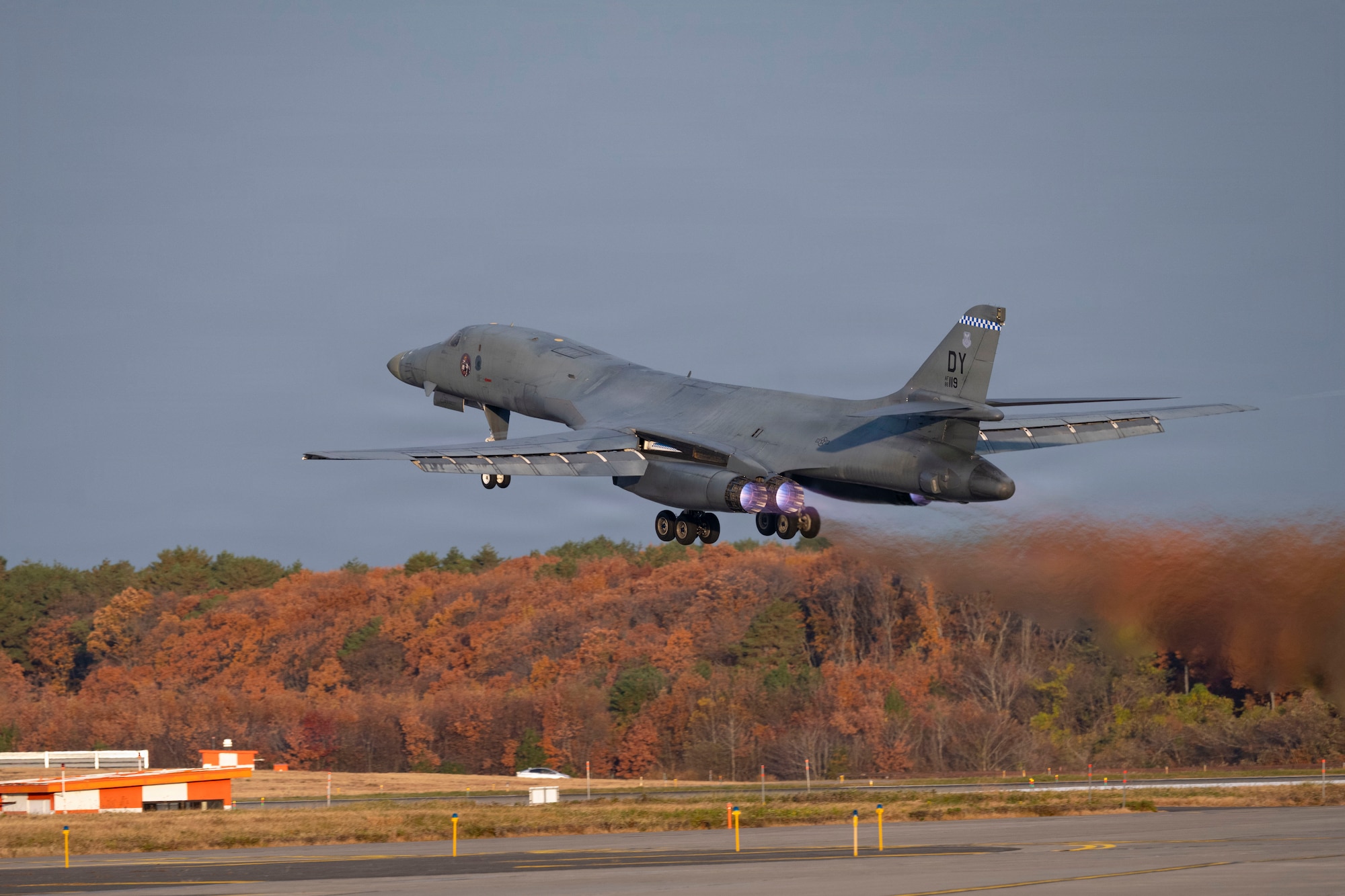A U.S. Air Force B-1B Lancer takes off to return to Dyess Air Force Base, Texas, at Misawa Air Base, Japan, Nov. 17, 2025, concluding a bomber task force deployment. BTF operations employ U.S. strategic bombers globally, deter adversaries, assure allies and partners, strengthen interoperability and maintain readiness and global strike capability. (U.S. Air Force photo by Senior Airman Emma Anderson)