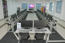 Photo of a language lab with desks and computers
