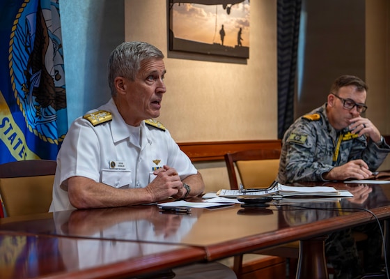 Adm. Steve Koehler, commander, U.S. Pacific Fleet, left, hosts a virtual key leader engagement with partners from 18 navies, Dec. 2, 2025. The leaders discussed building resilient maritime supply chains in the Indo-Pacific and recognizing the region’s critical role as the backbone for global trade, energy, and security.. The multinational maritime engagement program underscores Pacific Fleet’s commitment to strengthening alliances and partnerships while maintaining a free and open Indo-Pacific. (U.S. Navy photo by Mass Communication Specialist 2nd Class Jeremy R. Boan)