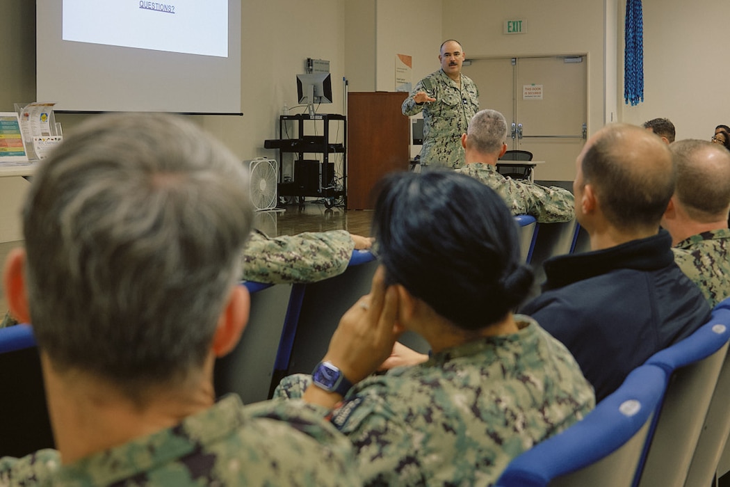 Capt. Jonathan Hopkins, Commander, Fleet Activities Yokosuka (CFAY), opens the floor to questions at the CFAY Town Hall in the Community Readiness Center November 18, 2025.