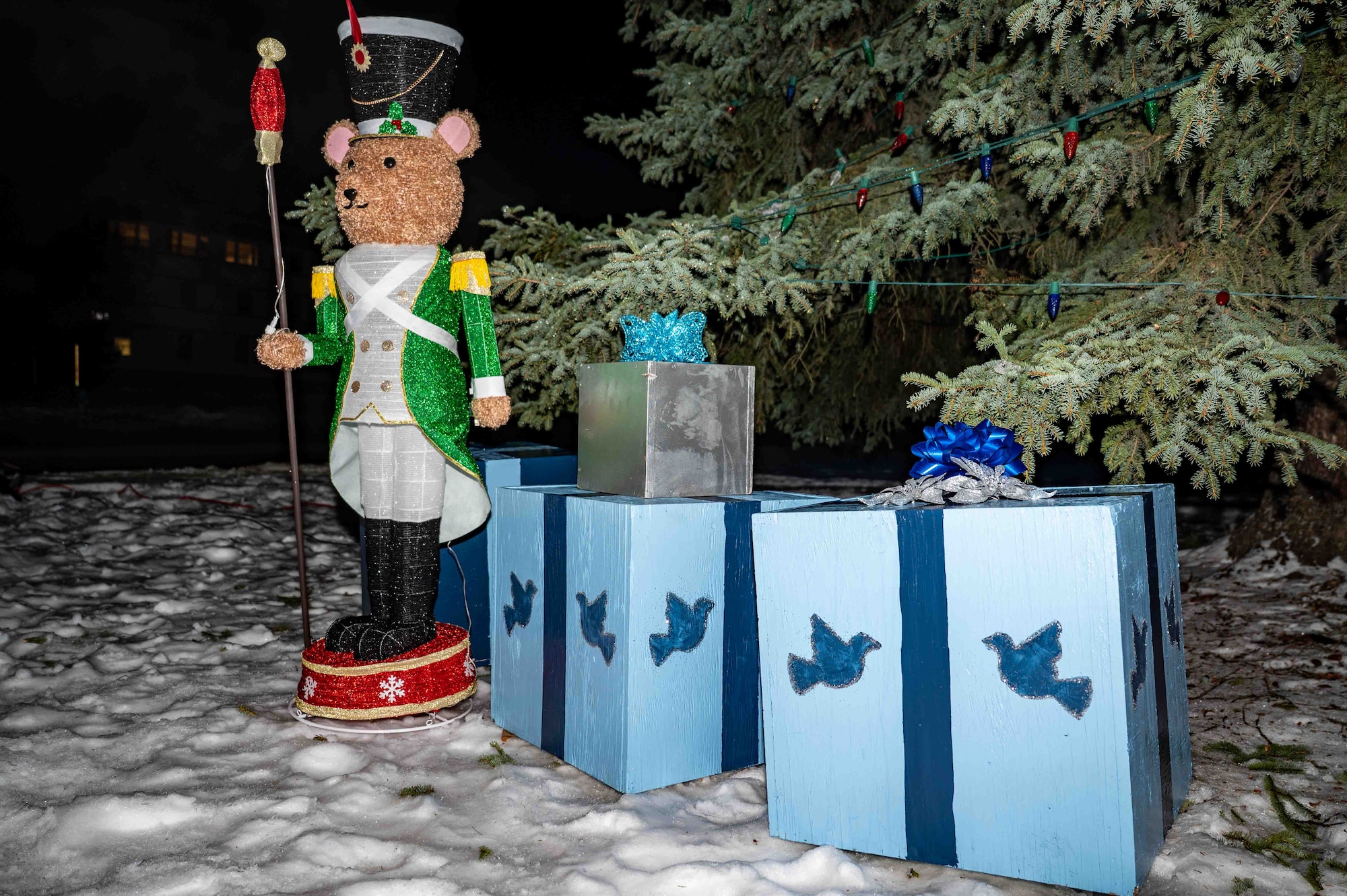 Holiday decorations are on display for the annual tree lighting ceremony at Joint Base Elmendorf-Richardson, Alaska, Dec. 2, 2025. The 773d Force Support Squadron hosts the ceremony annually to promote community readiness and cohesion during the festive season. (U.S. Air Force photo by Senior Airman Hunter Hites)