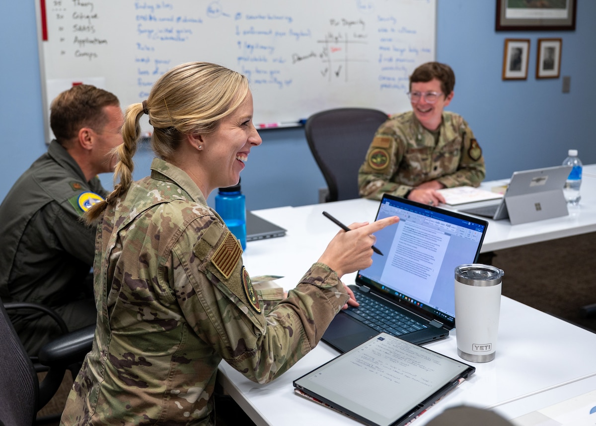 U.S. Air Force Maj. Elizabeth Townsend, Air Education Training Command, School of Advanced Air and Space Studies student, participates in a seminar discussion at Maxwell Air Force Base, Alabama, Oct. 17, 2025.