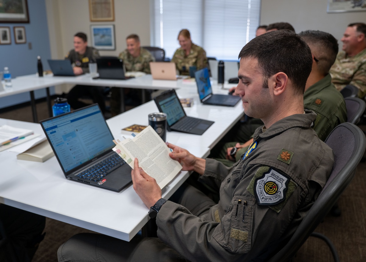 School of Advanced Air and Space Studies students, participate in a seminar-style discussion at Maxwell Air Force Base, Alabama, Oct. 17, 2025.