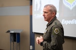 Maj. Gen. Charles Bolton, Eighteenth Air Force commander, delivers remarks as part of a mentorship engagement at LA Tech University, Ruston, Louisiana, on Sept. 8, 2025. A total of 18 cadets from Air Force Detachment 305 participated in the event and sought guidance on career development, rated positions and leadership best practices. (U.S. Air Force photo by Capt. Danny Rangel)