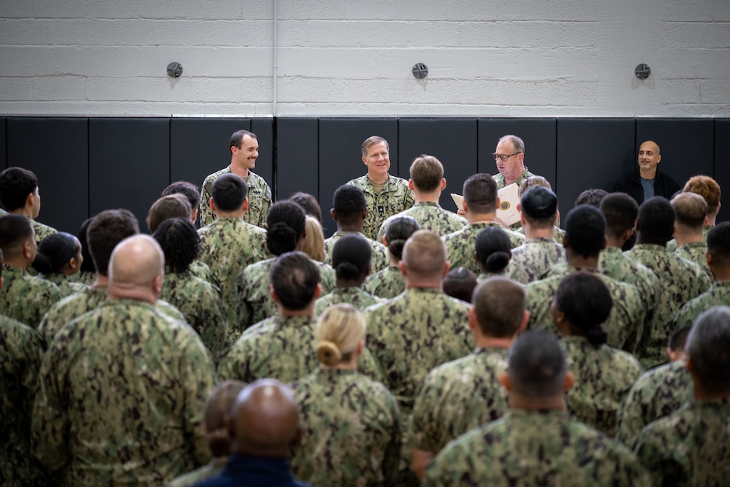 Commander, Navy Region Europe, Africa, Central Rear Adm. Brad Rosen addresses Sailors and personnel during an all hands ceremony onboard Naval Support Activity Souda Bay, Dec. 3, 2025.