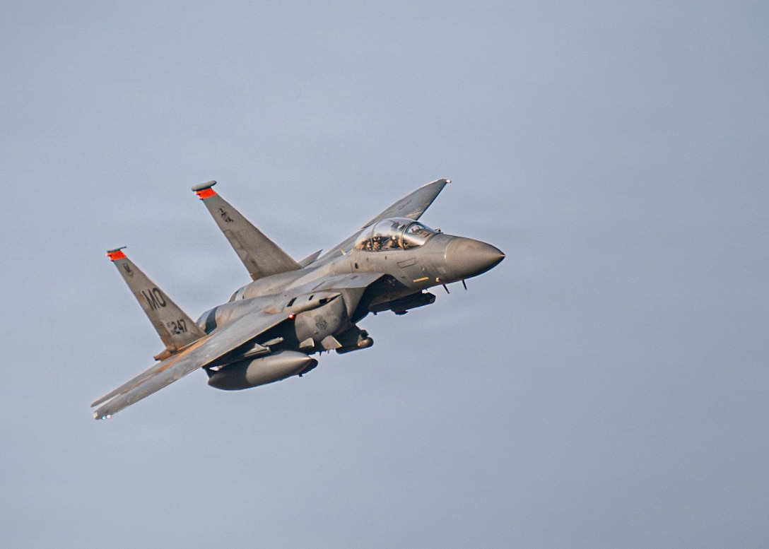 A U.S. Air Force F-15E Strike Eagle aircraft flies in the U.S. Central Command area of responsibility, Nov. 13, 2025. The F-15 was returning from the Marauder Shield 26.1 exercise, which focused on integrated Kuwaiti Command and Control systems, shaping regional airspace management and facilitating joint operations. This enhanced C2 integration paved the way for more effective Agile Combat Employment strategies, allowing for rapid deployment and flexible response to emerging threats. (U.S. Air Force photo by Airman 1st Class Jonah Bliss)