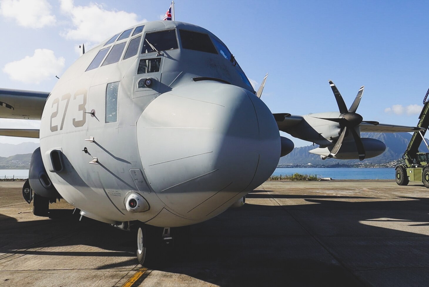 A KC-130J aircraft attached to Marine Aerial Refueler Transport Squadron 153 is displayed during an activation ceremony, Marine Corps Base Hawaii, Jan. 13, 2023. During the ceremony, VMGR-153 was formally activated as a KC-130 squadron of Marine Aircraft Group 24, 1st Marine Aircraft Wing.