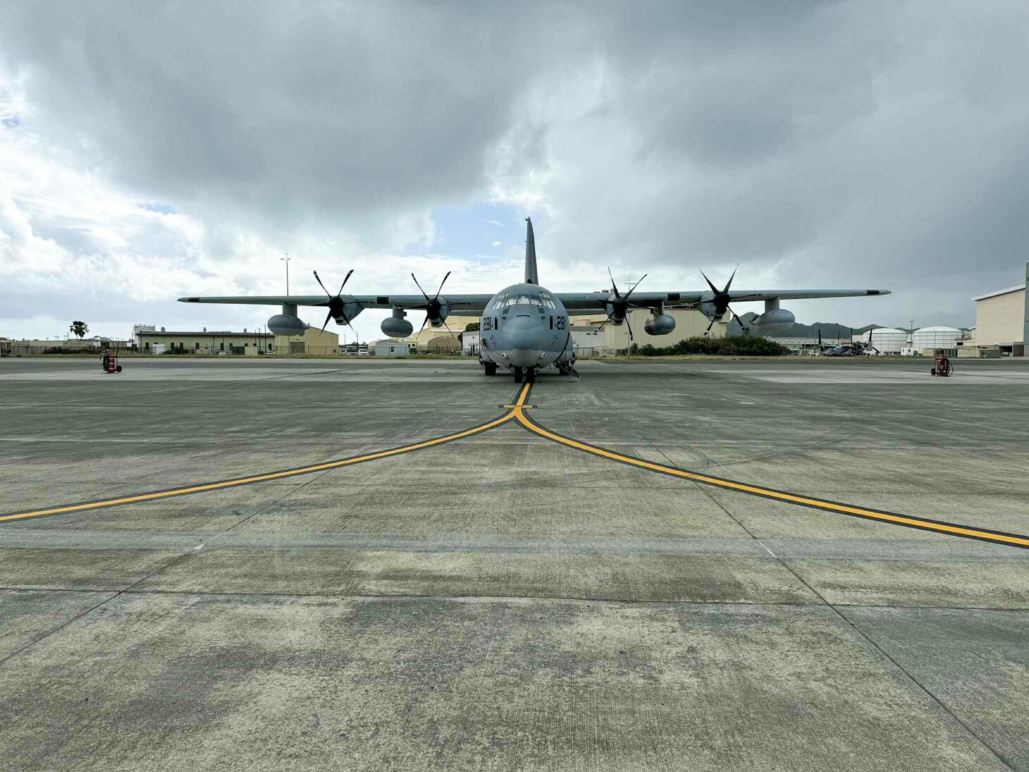 A C-130 aircraft assigned to Marine Aerial Refueler Transport Squadron 153 (VMGR-153) onboard Marine Corps Base Hawaii prepares to taxi prior to takeoff following service by the Fleet Readiness Center East (FRCE) C-130 Minor Depot Inspection Field Team. The team recently traveled to Hawaii to perform on-site minor depot inspections for two of VMGR-153’s aircraft and completed both ahead of schedule. The on-site inspections and repairs helped the squadron maintain operational readiness by eliminating the need to transport the aircraft to a depot for service and reducing turnaround times for the maintenance events.