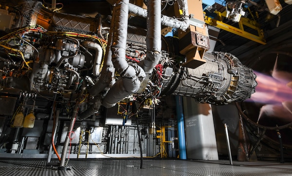 A Pratt & Whitney F135 engine undergoes accelerated mission testing in Sea Level Test Cell 3 at Arnold Air Force Base, Tenn., Nov. 15, 2021. The F135 is the engine used to power the F-35 Lightning II.