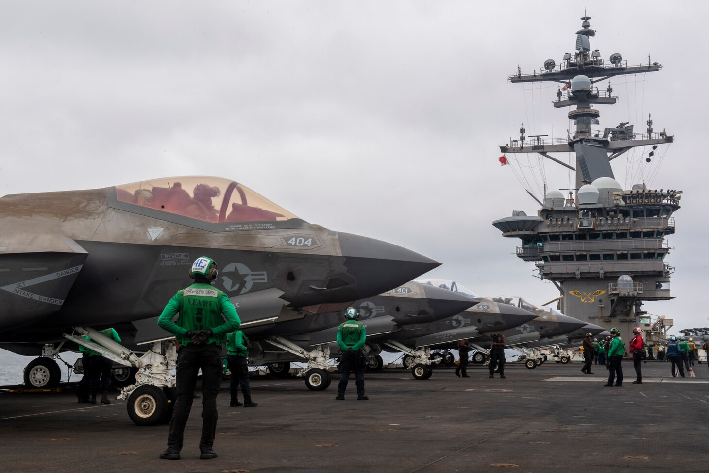 An F-35C Lightning II, attached to the “Warhawks” of Strike Fighter Squadron (VFA) 97, prepares to launch from the flight deck of the Nimitz-class aircraft carrier USS Carl Vinson (CVN 70) during the fly-off of Carrier Air Wing 2, Aug. 12. Vinson, the flagship of Carrier Strike Group ONE, is underway conducting routine operations in the U.S. 3rd Fleet area of operations.