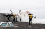 An F-35C Lightning II, attached to the “Warhawks” of Strike Fighter Squadron (VFA) 97, prepares to launch from the flight deck of the Nimitz-class aircraft carrier USS Carl Vinson (CVN 70) during the fly-off of Carrier Air Wing 2, Aug. 12. Vinson, the flagship of Carrier Strike Group ONE, is underway conducting routine operations in the U.S. 3rd Fleet area of operations.