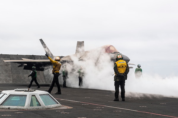 An F-35C Lightning II, attached to the “Warhawks” of Strike Fighter Squadron (VFA) 97, prepares to launch from the flight deck of the Nimitz-class aircraft carrier USS Carl Vinson (CVN 70) during the fly-off of Carrier Air Wing 2, Aug. 12. Vinson, the flagship of Carrier Strike Group ONE, is underway conducting routine operations in the U.S. 3rd Fleet area of operations.