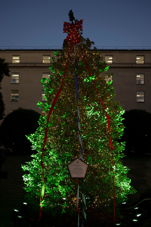 A plaque sits in front of a lit Christmas tree.