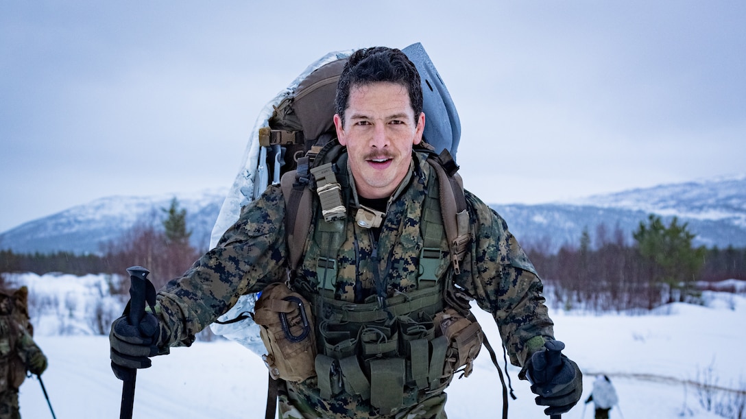 U.S. Navy Hospital Corpsman 1st Class Kepono Gowan, a native of Honolulu, Hawaii, and a special operations independent duty corpsman with 2d Reconnaissance Battalion, 2d Marine Division, skis during Patrol Course Winter in Bardufoss, Norway, Jan. 15, 2025. During the course, Norwegian Army Soldiers with the Long Range Reconnaissance Patrol Squadron led Marines through a variety of training exercises, improving the individual Marines capability to operate and survive in arctic environments. U.S. Marines are in Norway as part of Exercise Joint Viking 25, a Norwegian military exercise focusing on arctic cold-weather training and military-to-military engagements. The exercise demonstrates the Marine Corps' unique ability to rapidly deploy during a crisis and aims to enhance interoperability between the U.S. Marine Corps and NATO allies and partners. (U.S. Marine Corps photographic illustration by Lance Cpl. Brian Bolin Jr.)