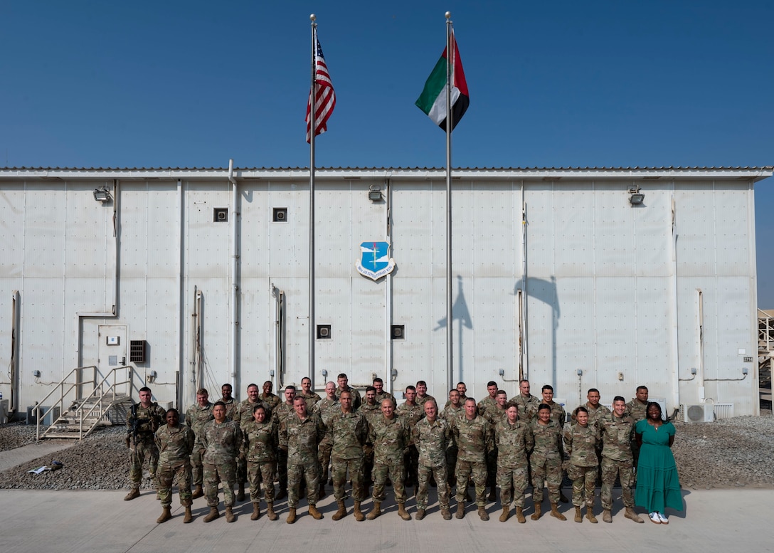 U.S. Air Force Gen. Adrian Spain, commander of Air Combat Command, and Chief Master Sgt. Jeremy Unterseher, command chief of ACC, meet with personnel at the 380th Air Expeditionary Wing within the U.S. Central Command area of responsibility, Nov. 18, 2025. The 380th AEW was Spain’s first visit to a deployed location as COMACC. During the visit, Spain met with Airmen, Soldiers and Sailors of every rank and recognized outstanding performers. (U.S. Air Force photo by Senior Airman Paige Weldon)