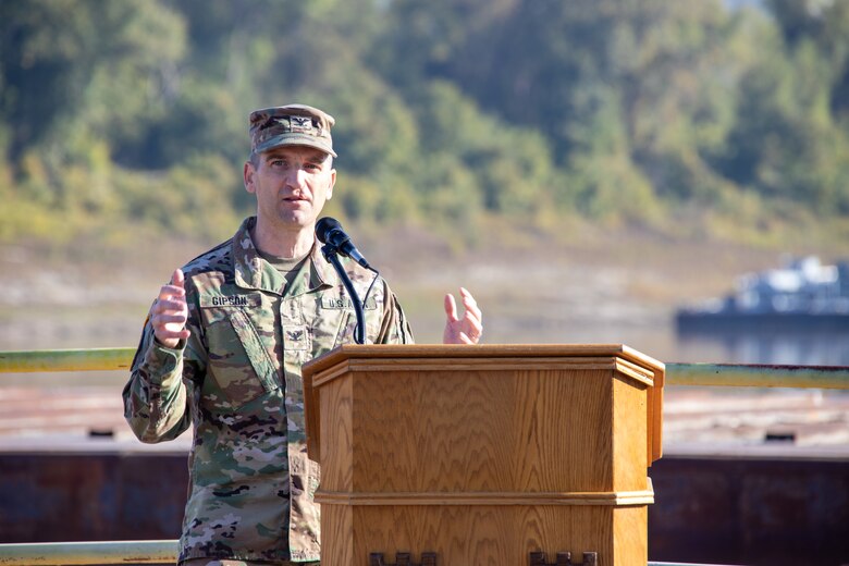 USACE MVK Commander, Jeremiah A Gipson speaking at a podium during the Blessing of the Fleet ceremony, kicking off the 79th annual revetment season on Nov. 6, 2025.