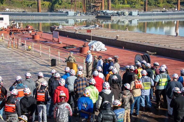 Crews of the Mat Sinking Unit are lined up and preparing for the revetment season kick off with a blessing of the fleet ceremony on Nov. 6, 2025.
