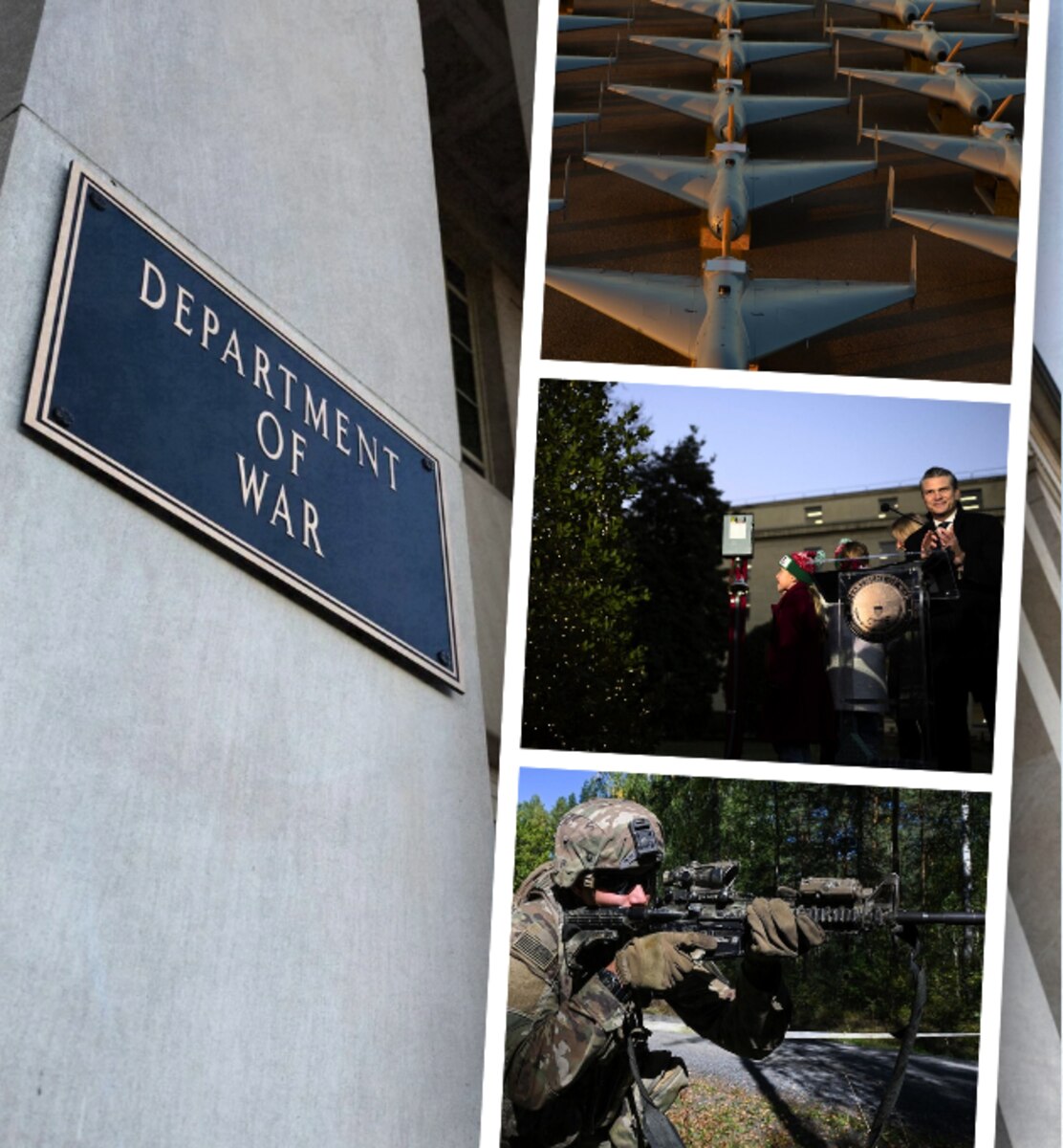 In a graphic, the Department of War sign is seen on a column on the left. On the right, three photos appear. One is of is of dozens of aircraft on a tarmac. The middle is of the secretary of war clapping next to a lit Christmas tree. The bottom photo shows a service member aiming a weapon.