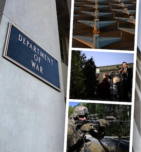 In a graphic, the Department of War sign is seen on a column on the left. On the right, three photos appear. One is of is of dozens of aircraft on a tarmac. The middle is of the secretary of war clapping next to a lit Christmas tree. The bottom photo shows a service member aiming a weapon.
