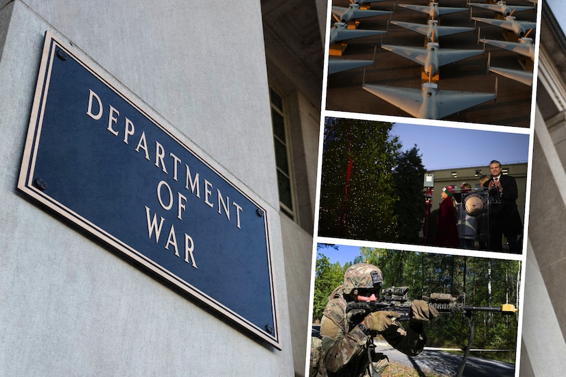 In a graphic, the Department of War sign is seen on a column on the left. On the right, three photos appear. One is of is of dozens of aircraft on a tarmac. The middle is of the secretary of war clapping next to a lit Christmas tree. The bottom photo shows a service member aiming a weapon.