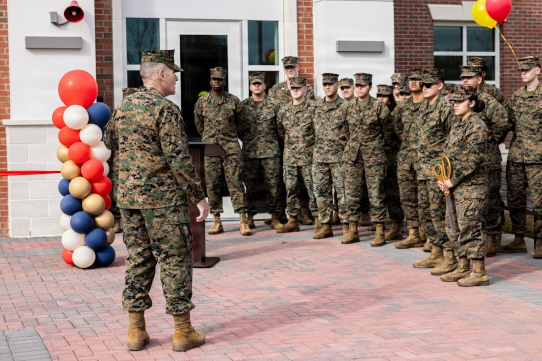 U.S. Marine Corps Brig. Gen. Ralph J. Rizzo, Jr., commanding general, Marine Corps Installations East-Marine Corps Base (MCB) Camp Lejeune, gives remarks during a ribbon cutting ceremony at the Regional Law Center East Legal Services Complex, MCB Camp Lejeune, North Carolina, Dec. 4, 2025. The new regional law center marks a major modernization effort that improves operational efficiency by housing legal support functions in one building and restores legal capabilities displaced by Hurricane Florence across MCB Camp Lejeune. (U.S. Marine Corps photo by Cpl. Daniela Chicas Torres)