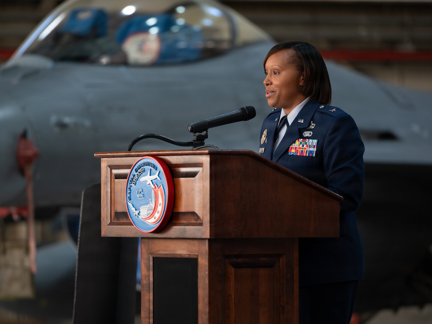 Brig. Gen. Natasha S. Taylor, director of the Joint Staff, Joint Force Headquarters, District of Columbia National Guard, speaks to attendees at a ceremony formally promoting her to the rank on Joint Base Andrews, Dec. 3, 2025. In this role, she is responsible for overseeing and managing the development, execution, and evaluation of joint staff programs and policies pertaining to the command, control, and operation of joint functions within the District of Columbia Army and District of Columbia Air National Guard. She manages readiness of joint defense programs to include the Civil Support Team, Homeland Response Force, State Partnership Program, Counter Drug Task Force, and Defense Support to Civil Authorities. (U.S. Air National Guard photo by Tech. Sgt. Andrew Enriquez)